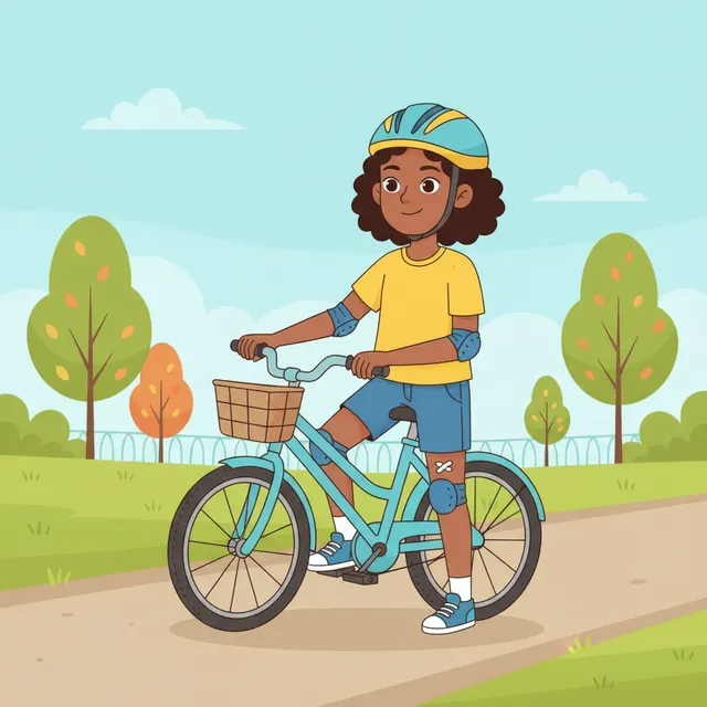 Bild aus dem Wischspiel: ein Mädchen mit Helm und Knieschonern steht mit seinem Fahrrad auf einem Parkweg
